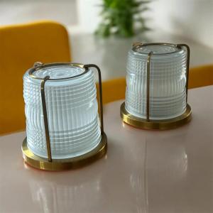 Perzel, Pair Of Small Brass And Glass Ceiling Lights, Holophane Lens, Circa 1930