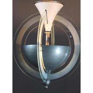Modernist Art Deco Chandelier In Chromed Metal And Sandblasted Glass Circa 1930