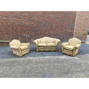 Kitsch Victorian Living Room, 1 Bench And Two Armchairs Circa 1930/1950 To Be Restored