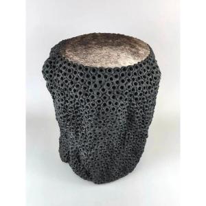  Gilles Caffier (1963) Ceramic Stool, Leather Top, Signed And Dated