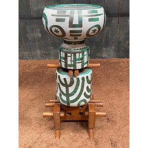 Boleslaw Danikowski (1928-1979) Large Totem Sculpture In Ceramic And Oak 
