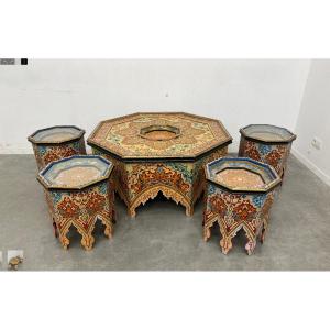 Coffee Table + 4 Painted Stools, Oriental (55x120x120cm) 