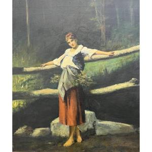 Painting "young Woman Leaning Against The Barrier", Oil On Canvas (78x82cm) 