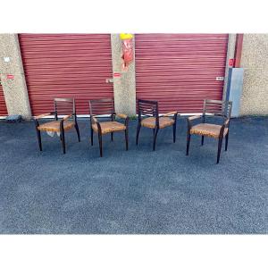 Set Of 4 Vintage Teak And Rattan Armchairs 