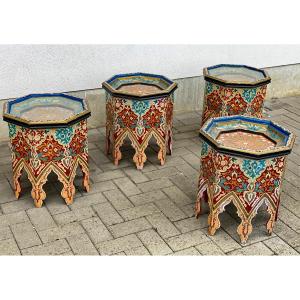  Oriental Work 4 Side Tables, Or Gueridons In Polychrome Wood Circa 1950