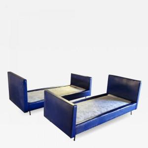 Pair Of Daybeds Covered In Blue Imitation Leather, Style Of Jacques Quinet Circa 1950