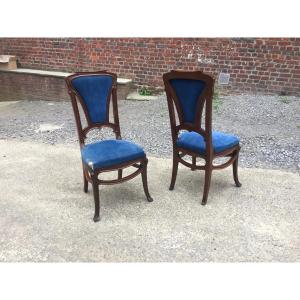 Pair Of Art Nouveau Mahogany Chairs, Nancy School, Circa 1900