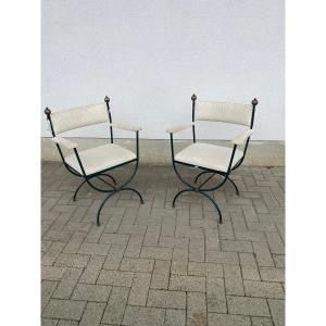 Pair Of Wrought Iron And Brass Curulles Armchairs Circa 1950/1960 