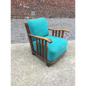 1950s Armchair In Solid Oak, Fabric And Upholstery In Good Condition