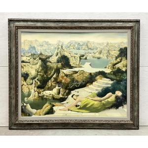 Marcel Delmotte (1901-1984). Woman In A Green Dress In A Surrealist Landscape. 