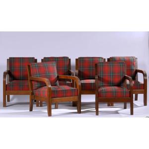 Charles Dudouyt (1885-1946) Rare Set Of 6 Art Deco Armchairs In Oak, Tartan Fabric 