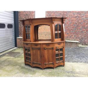 Art Nouveau Oak And Brass Sideboard In The Style Of Locksmith Bovy, Circa 1900 