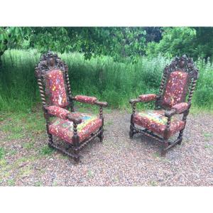 Pair Of Large Oak Armchairs, Louis XIII Style, 19th Century 