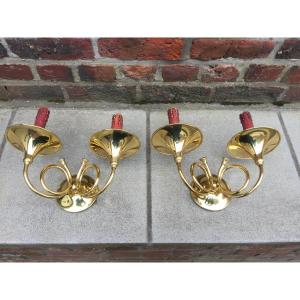 Pair Of 1950s Cira Brass Wall Lights With Horn Decor, Maison Jansen Style