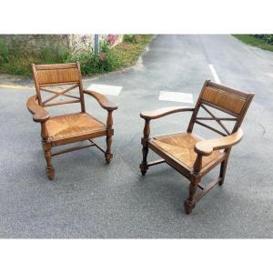 Pair Of Neo-rustic Oak Armchairs Circa 1950