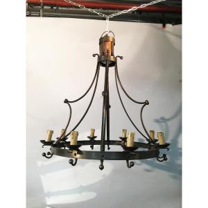 Neo Classic Steel And Brass Chandelier Circa 1950 