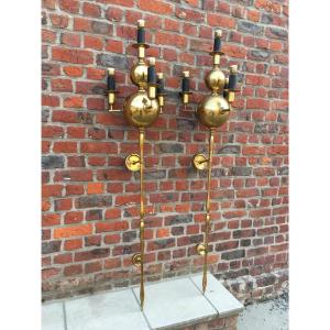 Pair Of Very Large (155cm) Neoclassical Brass Wall Lights Circa 1950