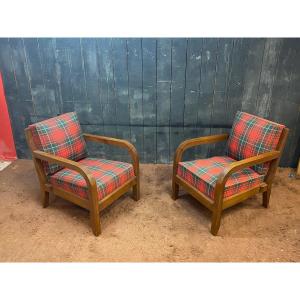 Charles Dudouyt (1885-1946) Pair Of Art Deco Oak Armchairs, Tartan Fabric, Stamped