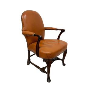 Queen Anne Armchair, 19th Century, Upholstered In Tan Leather