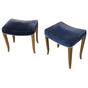 René Prou, Pair Of Stools In Lacquered Wood And Blue Velvet.