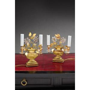 Maison Baguès, Pair Of Small Bronze And Glass Candelabras Circa 1950