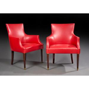 Pair Of Elegant Art Deco Armchairs Upholstered In Red Leather, Bronze Feet, Circa 1930/1940