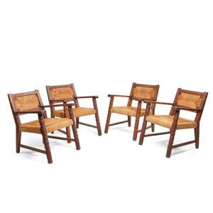 Set Of 4 Oak And Straw Armchairs Circa 1950 In The Style Of Dudouyt/courtray 