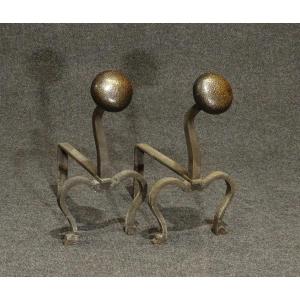 Pair Of Wrought Iron Andirons, Hammered Bronze Balls, Circa 1930/1950