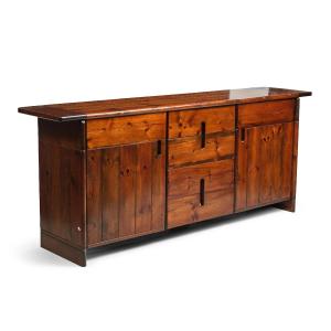 Silvio Coppola (1920-1986) Large Brutalist Sideboard In Stained Solid Pine, Circa 1960
