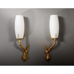 Arlus, Pair Of Bronze And Opaline Wall Lights Circa 1950/1960 