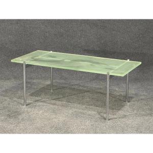 Art Deco Style, Large Chrome-plated Metal Coffee Table With A Frosted Glass Top (st Gobain?). 