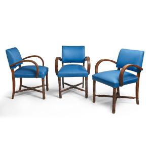 Charles Dudouyt (in The Style Of) 3 Art Deco Bridge Chairs In Oak Circa 1940/1950