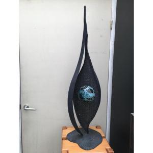 Large Brutalist Lamp In Black Lacquered Brass And Bluish Glass, Circa 1980