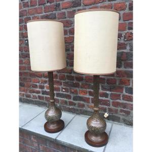Pair Of Large Oriental-style Brass Lamps On A Mahogany Base 