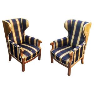 Antique Large Wingback Armchairs In Walnut, Possibly Scandinavian Work