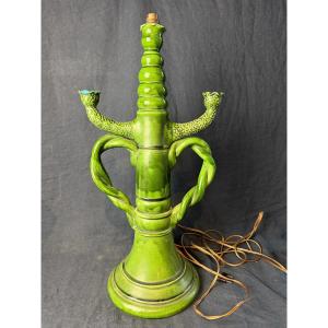 Lunetta , Vallauris. Large Green Glazed Earthenware Lamp, 20th Century. Height 59 Cm, Signed.