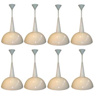 Important Lot Of 24 Holophanes Pendant Lights, Opaline Glass, Lacquered Metal, Circa 1950/1960 