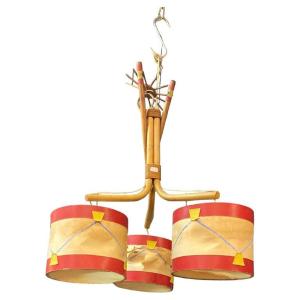 Audoux Minet, Bamboo Chandelier, Drum-shaped Lampshade, Circa 1950/1960