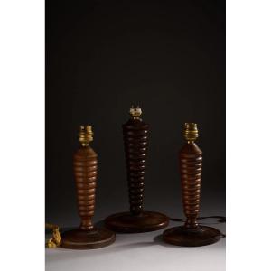 3 Turned Wood Lamps Circa 1940/1950 In The Style Of Charles Dudouyt