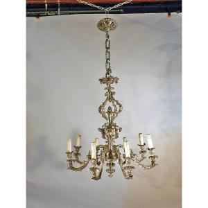 Large 19th Century Silvered Bronze Chandelier, Decorated With Medieval Figures