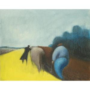 Michel Le Roy (1916 - 2008) The Return Of The Peasants. Oil On Canvas. H. 65 X W. 81 Cm