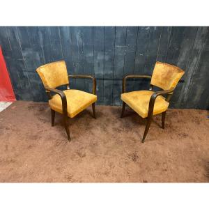 Pair Of Art Deco Bridge Chairs, Leather And Stained Wood, Circa 1930