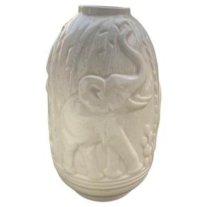 Art Deco Boch Freres La Louviere, Vase With Elephants Circa 1930