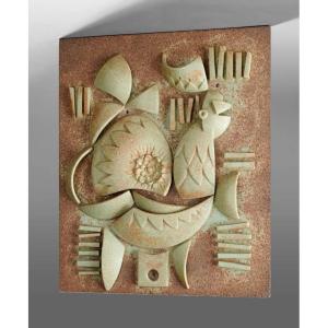 Attributed To Jean Brisy, Decorative Wall Plaque In Relief Made Of Polychrome Ceramic