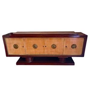 Art Deco Sideboard In Rosewood, Ash And Bronze Medallions Circa 1940