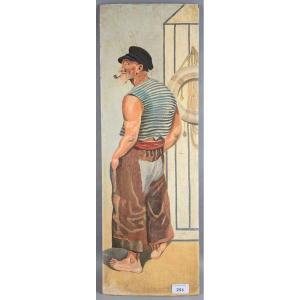 Oil On Panel Depicting A Sailor, 65x22cm