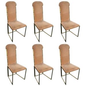 6 Chaises Style Willy Rizzo,metal Vernis Doré, Original Fabric, Italy 1970 Good Condition