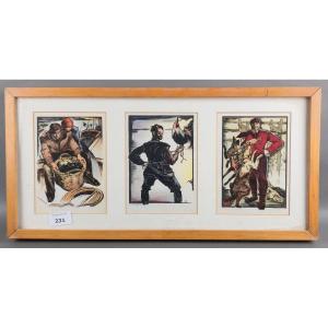 3 Lithographs Signed M. Langanskens , 17x12cm Each