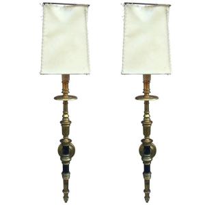 Pair Of Neo-classical Sconces In Bronze And Brass Circa 1950 - Original Shade