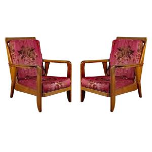 Guillerme Et Chambron , Pair Of Oak Armchairs Edition Votre Maison Circa 1950